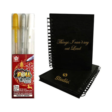 Studio Hardcover Black Paper Notebook With 3 pieces Mix Sakura White Gelly Rollers The Stationers